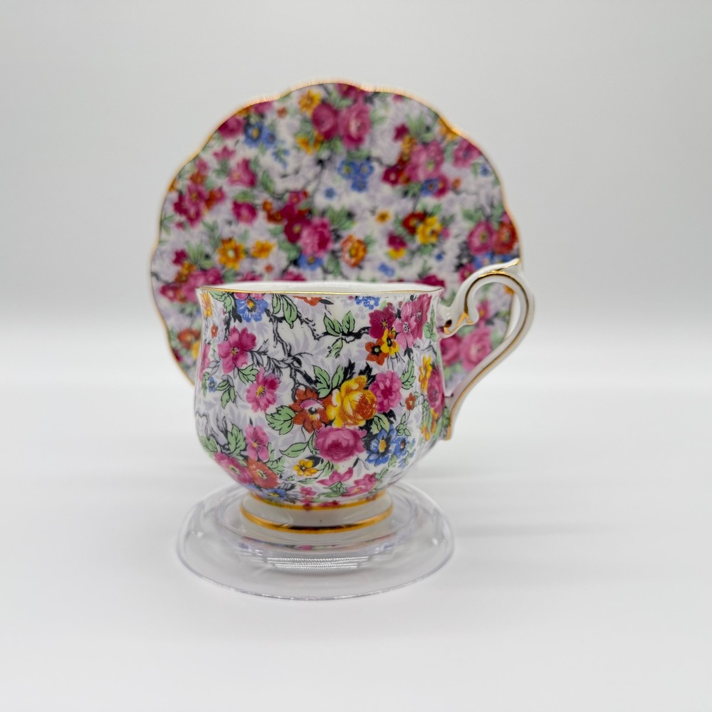 Royal Albert Rose Confetti Chintz Tea Cup and Saucer Set Gold Trim Bone China